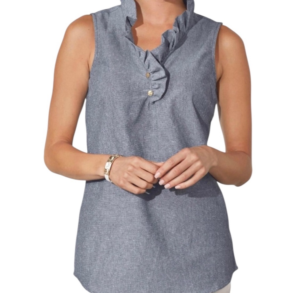 Mud Pie Sleeveless Ruffle Collar Blue Chambray Blouse S(4-6)